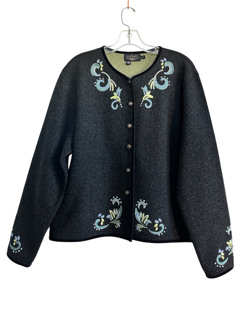 Icelandic Design Boiled Wool Embroidered Cardigan Sweater Large